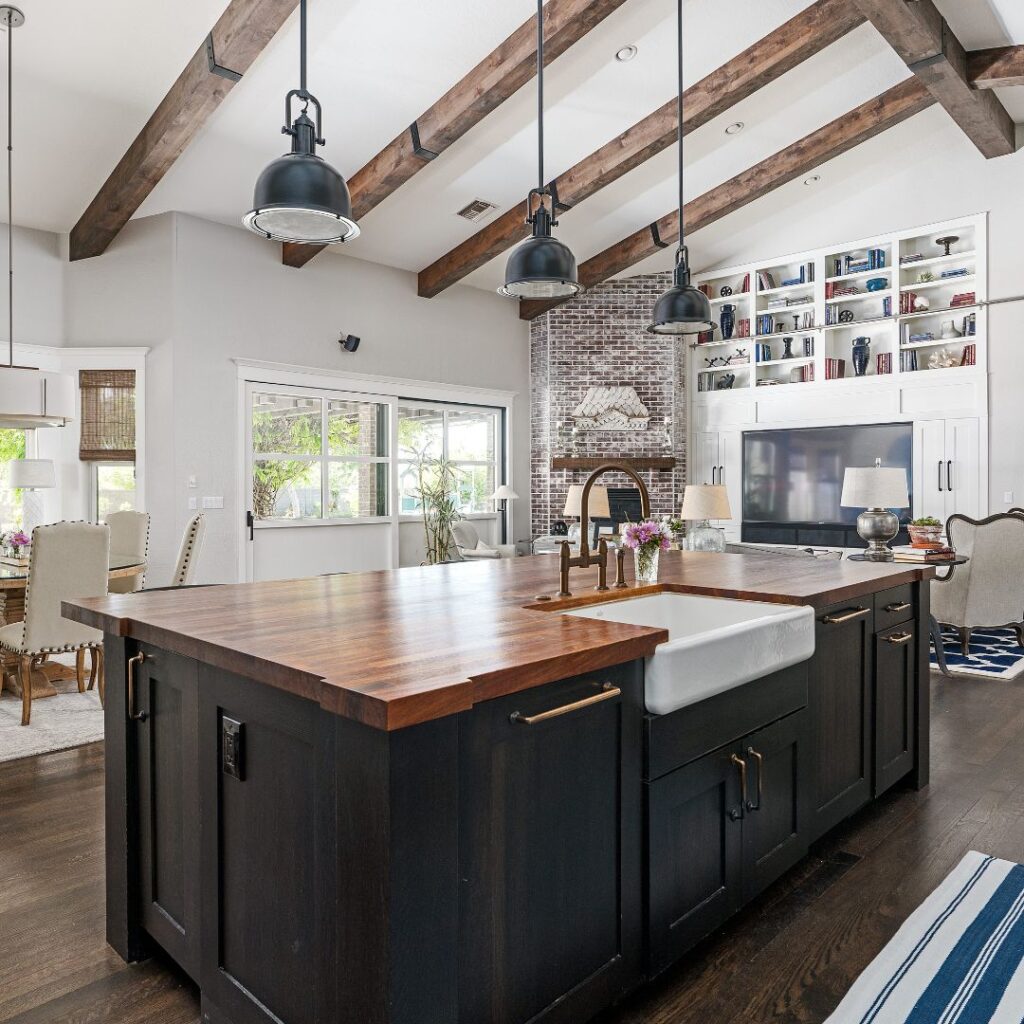 Island in kitchen with dark paint