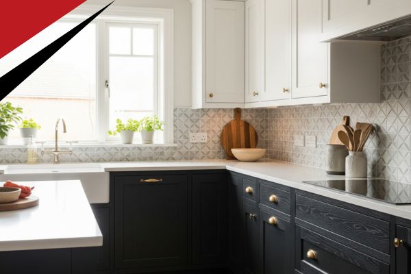 Contemporary kitchen remodel showcasing new custom cabinets and pristine countertops