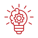 Red line icon of a lightbulb containing a brain and gear, illustrating innovative modern house design and engineering solutions.