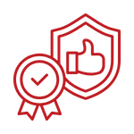 Red line icon of a quality seal and thumbs-up shield, representing premium craftsmanship and high-quality home remodeling results.