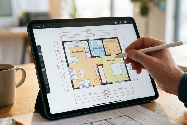 A detailed architectural floor plan of a small modern accessory dwelling unit (ADU) being reviewed on a digital tablet with a stylus.