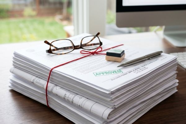 A stack of official-looking construction permits and architectural drawings, tied with red string and stamped 'APPROVED', resting on a desk with a window view.
