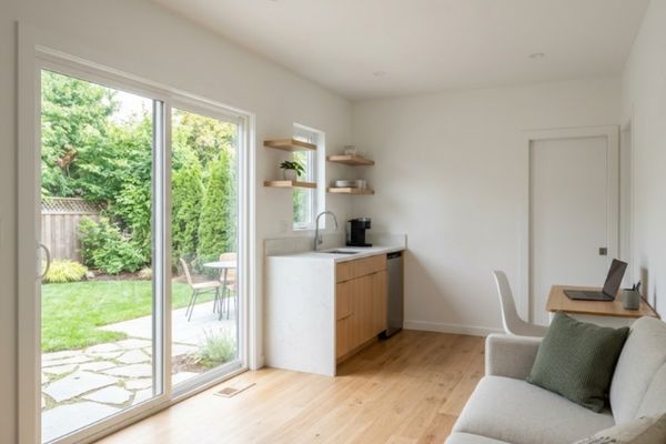 A functional, high-quality, modern open-plan interior living space of an ADU, featuring a kitchenette and small desk area.
